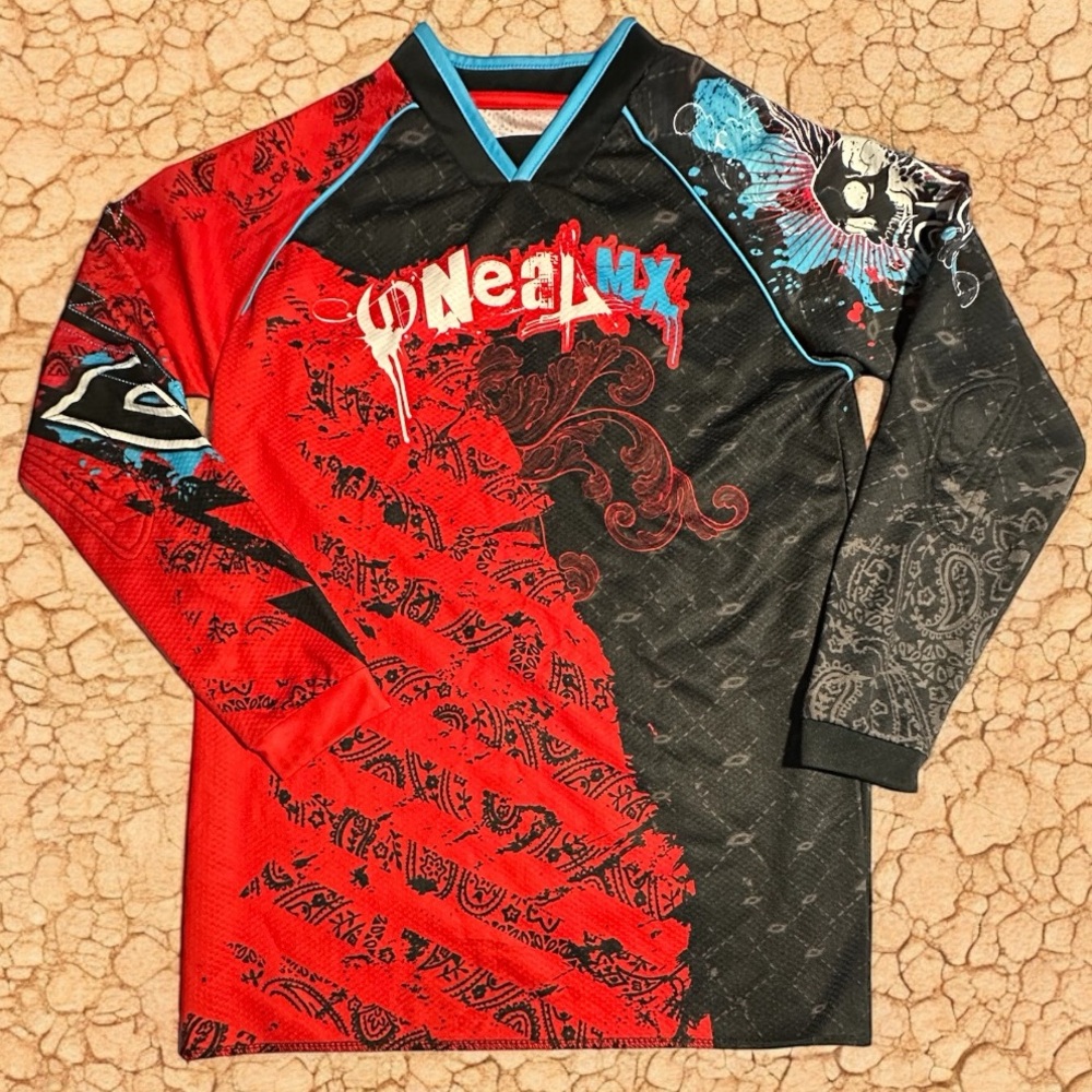 O'Neal MX Motocross Black Red Skull Racewear Dirt Bike Moto Long Sleeve Jersey